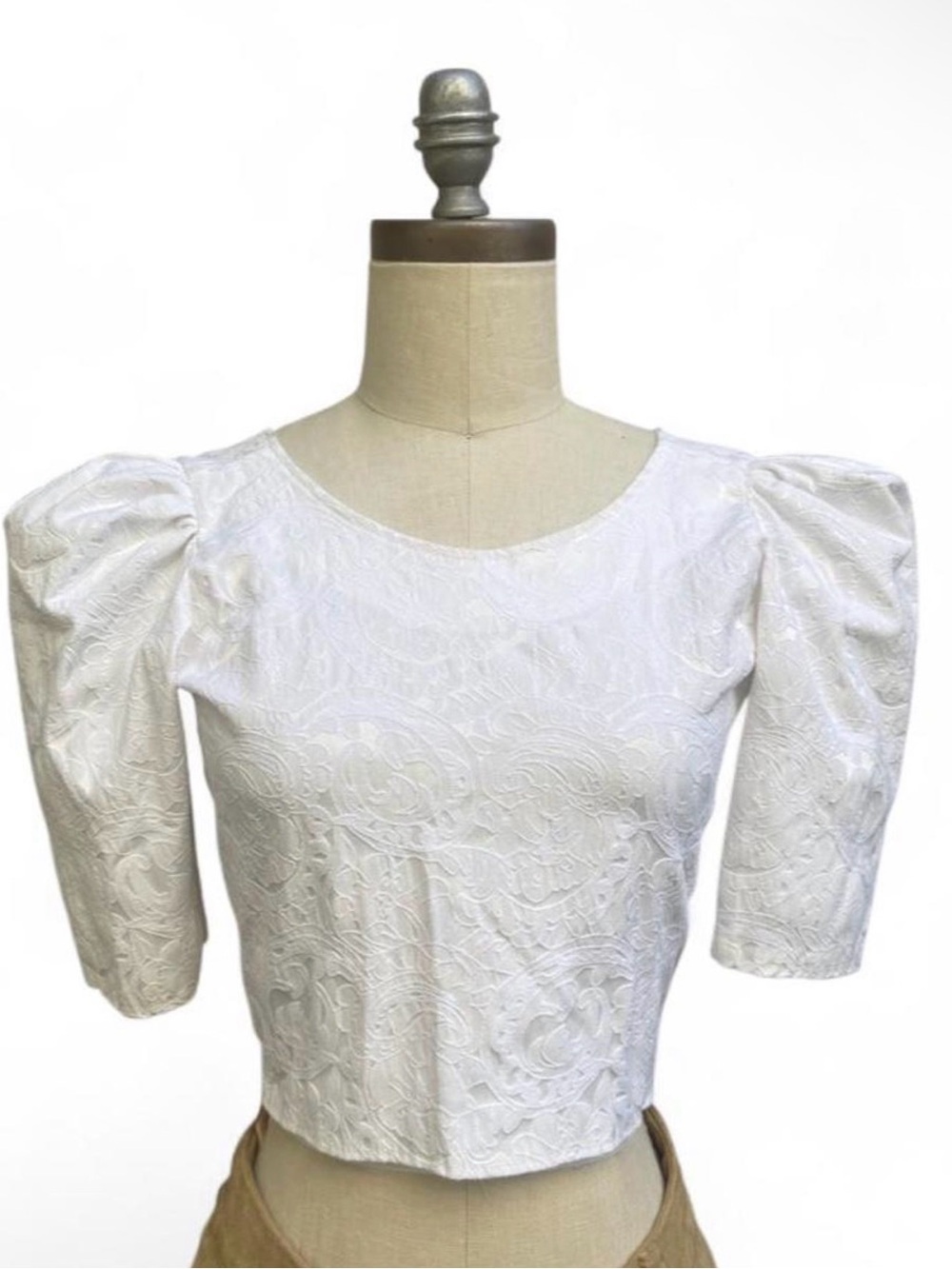 Elegant white brocade pouf sleeve crop top double tie back detail adjustable